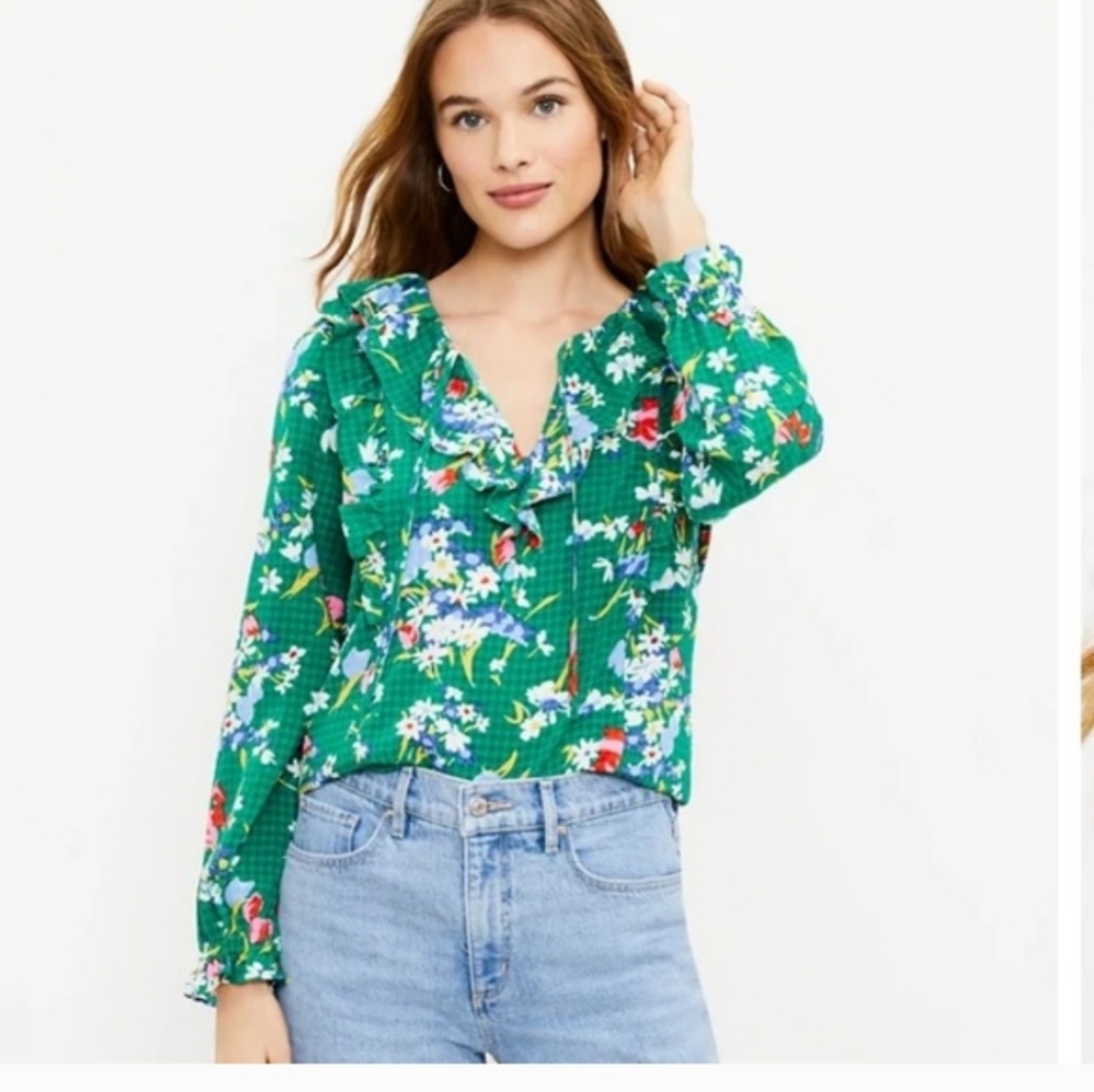 LOFT Green Floral Ruffle Blouse Size S